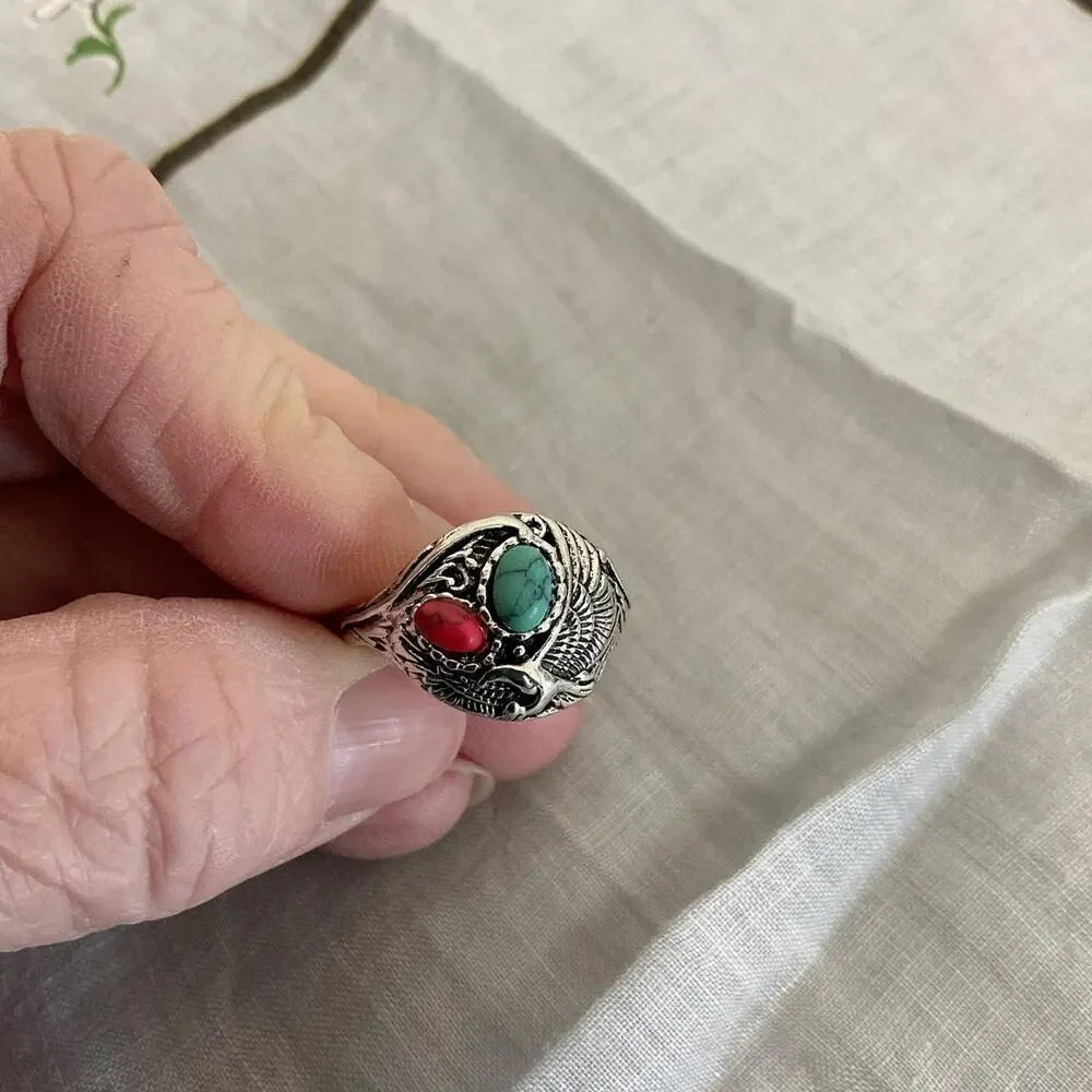 Silver ring with turquoise red Eagle Statement Ring Size 9 - Picture 4 of 5